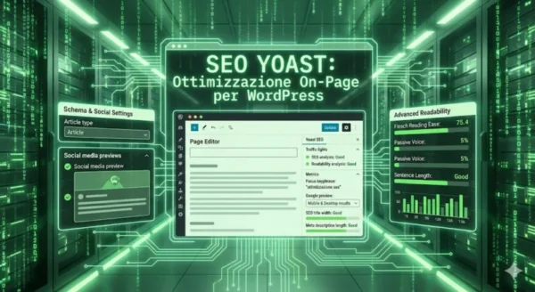 Interfaccia digitale verde in stile Matrix che mostra il plugin Yoast SEO all'interno dell'editor di WordPress, con i celebri semafori di analisi (SEO e leggibilità), anteprime social e impostazioni Schema in un data center tecnologico.