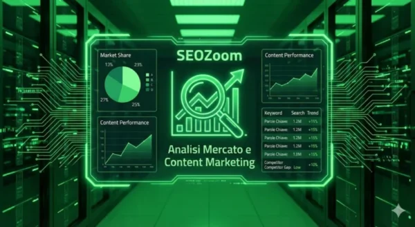 Dashboard olografica verde di SEOZoom con grafici di market share, analisi dei contenuti e trend delle keyword in un ambiente data center tecnologico.