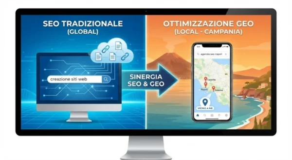 Infografica a schermo diviso che illustra la differenza tecnica tra "SEO Tradizionale (Global)" su desktop per keyword generiche, e "Ottimizzazione GEO (Local - Campania)" su smartphone. La parte destra mostra una mappa della Campania con pin su Napoli, Salerno e Caserta per la ricerca "agenzia seo napoli" e l'icona "vicino a me", evidenziando la necessaria sinergia tra le due strategie per il territorio.