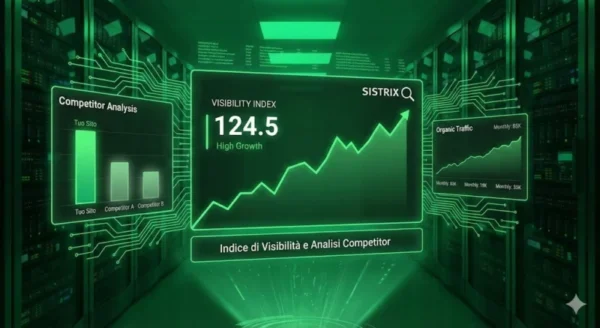 Interfaccia olografica verde di SISTRIX che mostra l'Indice di Visibilità in forte crescita, il confronto tra competitor e i dati del traffico organico in un data center professionale.