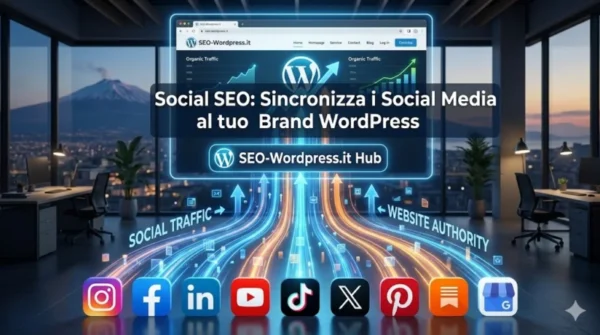 SEO Social Media: Infografica che mostra il flusso di traffico e autorità dai social media (Instagram, YouTube, TikTok, GMB) verso il sito SEO-Wordpress.it per la crescita del brand.