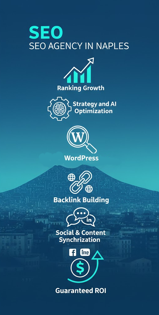 Strategia SEO e GEO WordPress a Napoli: infografica su ranking, sincronizzazione social e ROI garantito