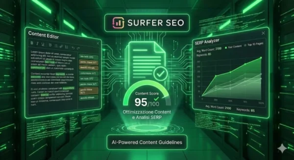 Interfaccia olografica verde di Surfer SEO che mostra il Content Editor con suggerimenti IA, un Content Score di 95 su 100 e il SERP Analyzer con grafici comparativi.