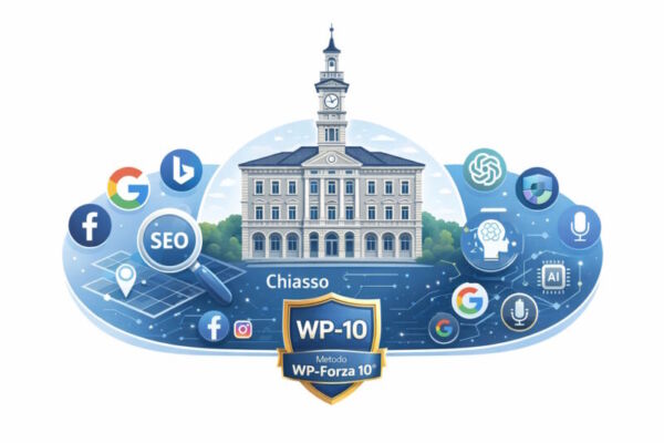 Illustrazione con edificio storico di Chiasso al centro, icone Google e social a sinistra, icone AI e chatbot a destra, e scudo WP‑Forza 10® alla base.