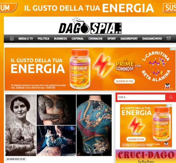 Screenshot dell'articolo di Dagospia che ritrae l'opera di Street Style Tattoo Milano.