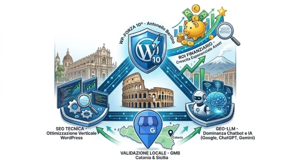 Illustrazione vettoriale professionale che mostra un ecosistema digitale con il Colosseo al centro. Include i loghi di WordPress (WP-FORZA 10®), schemi di SEO Tecnica, un robot per l'integrazione IA e GEO-LLM, e un pin di Google My Business (GMB) con la mappa della Sicilia. Grafici di crescita, monete d'oro e un salvadanaio simboleggiano il successo finanziario.