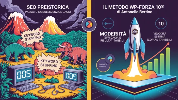 Infografica comparativa tra le pratiche obsolete della SEO preistorica e l'architettura digitale moderna e performante basata su Il Metodo WP-Forza 10® di Antonello Bertino.