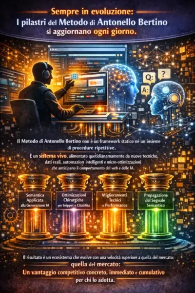 Figura stilizzata aggiorna il proprio sito per renderlo compatibile con IA, circondata da pilastri semantici e elementi digitali.