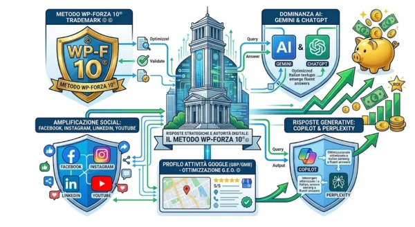 Infografica strategica per le FAQ di SEO-WordPress.it. Rappresentazione del protocollo Il Metodo WP-Forza 10® $copyright$ ® come chiave tecnica per la dominanza GEO e LLM (Gemini, ChatGPT, Copilot, Perplexity). Visualizzazione dell'Entity Linking tra autorità istituzionale, Social Media, GBP/GMB e ROI finanziario per massimizzare il Trust Score del brand.