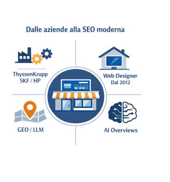 Infografica sul percorso professionale di Antonello Bertino: aziende IT, Web Designer, SEO, GEO‑LLM, AI.