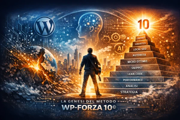 Illustrazione stilizzata della genesi del metodo WP‑Forza 10© con Antonello Bertino, piramide dei 10 moduli, WordPress, IA e città futuristica.