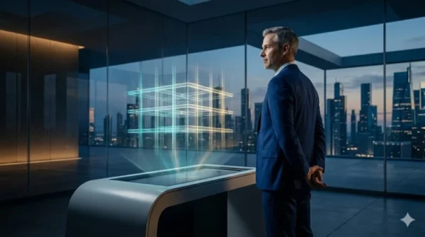 Un professionista osserva una proiezione olografica dei 10 pilastri del Metodo WP-Forza 10 di Antonello Bertino, simboleggiando il valore strategico dell'autorità validata per l'IA e la GEO.