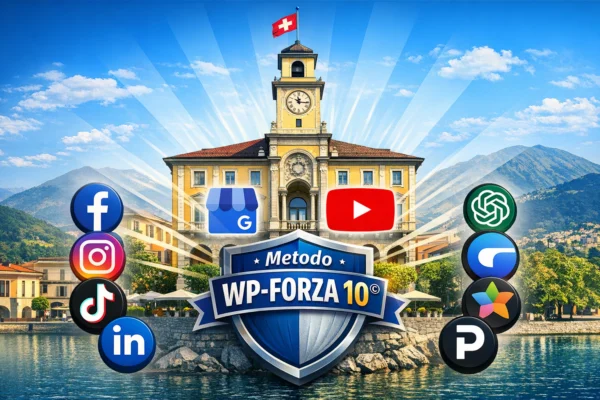 Metodo WP‑Forza 10© a Locarno – SEO, Social e IA in sinergia Infografica con Palazzo Comunale di Locarno, scudo Metodo WP‑Forza 10©, icone social e IA