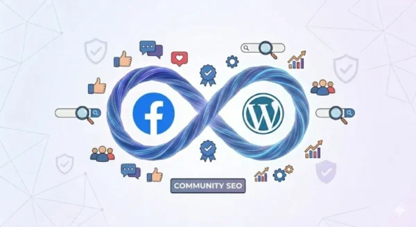Icona di Facebook e logo WordPress uniti nel simbolo dell'infinito, circondati da icone di persone, chat e cuori, stile flat design.