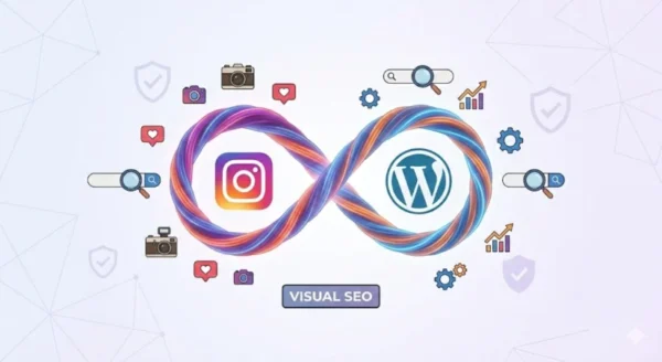 Icona di Instagram e logo WordPress collegati da elementi grafici di crescita e macchine fotografiche, stile flat design.
