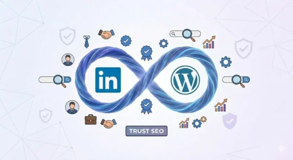 Icona di LinkedIn e logo WordPress uniti da un simbolo dell'infinito luminoso, circondati da icone di cravatte, strette di mano e grafici professionali, stile flat design.