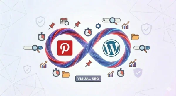 Icona di Pinterest e logo WordPress intrecciati nel simbolo dell'infinito, circondati da puntine, lenti d'ingrandimento e grafici di crescita, stile flat design.