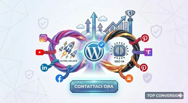 Infinito dorato con loghi social, icone SEO IA e Ultra Veloce, e pulsante luminoso "Contattaci Ora" su sfondo tech.