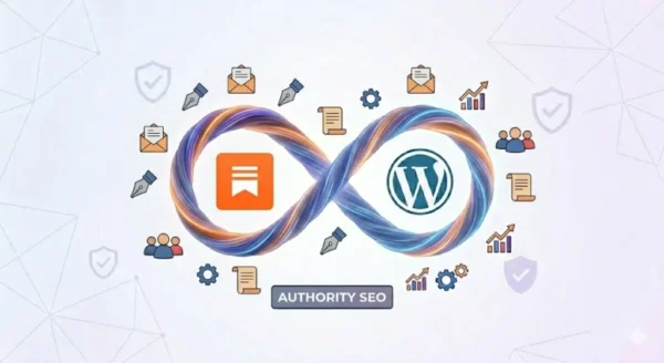 Icona di Substack e logo WordPress collegati dal simbolo dell'infinito, circondati da icone di buste, penne stilografiche e grafici di crescita, stile flat design.