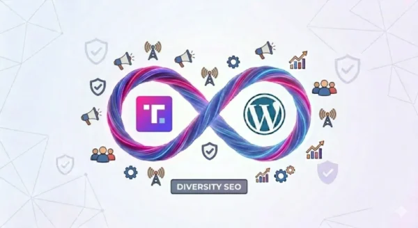 Icona di Truth Social e logo WordPress uniti nel simbolo dell'infinito, circondati da icone di megafoni, scudi e segnali di rete, stile flat design professionale.