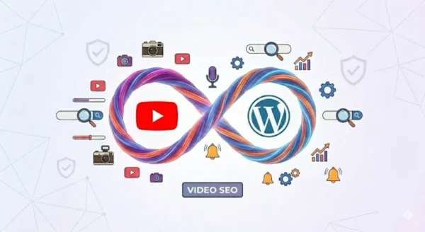Icona di YouTube e logo WordPress collegati da un simbolo di infinito luminoso, circondati da icone di video, lenti d'ingrandimento e microfoni, stile flat design.