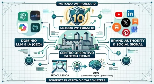 Infografica dell'Agenzia SEO Canton Ticino che illustra il Metodo WP-Forza 10®: integrazione tra SEO classica, Brand Authority via Social Signal (LinkedIn, X, YouTube, Facebook) e Dominio LLM attraverso la Generative Engine Optimization (GEO) per WordPress.