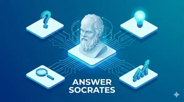 Infografica isometrica 3D di AnswerSocrates con busto di Socrate olografico e icone di ricerca dati, strategia SEO e Topical Authority.