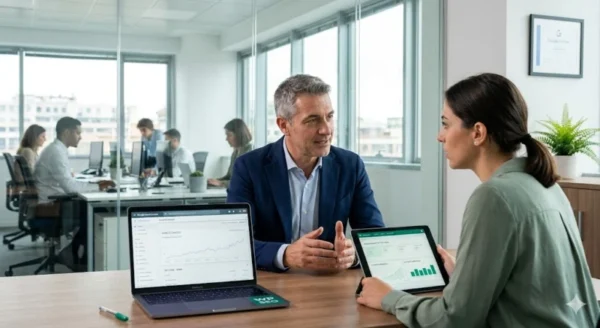 Un Consulente SEO WordPress esperto (Antonello Bertino), con un blazer grigio e camicia azzurra, seduto a un tavolo in ufficio mentre spiega a una cliente attenta i report di 'POSIZIONAMENTO TOP 5 REAL' e 'AUTORITÀ ORGANICA' su un laptop con grafici verdi.