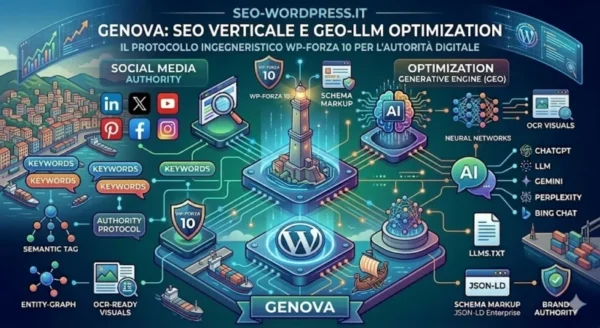 Agenzia Cosnulenza SEO Genova GEO LLM Metodo WP-Forza-10 Infografica tecnica per l'Agenzia SEO Genova di Antonello Bertino. Visualizzazione dell'ottimizzazione WordPress per motori generativi (GEO) e LLM tramite Il Metodo WP-Forza 10® $copyright$ ®.