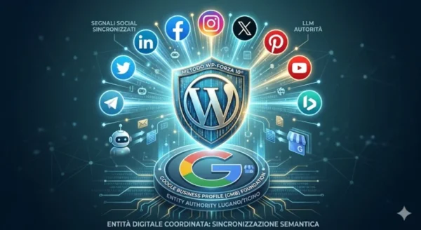 Diagramma tecnico dell'ecosistema digitale coordinato. Mostra il nucleo WordPress (W) ingegnerizzato con il Metodo WP-Forza 10®, una raggiera di social media sincronizzati sopra di esso (LinkedIn, X, Facebook, Pinterest, YouTube) e la GMB come fondazione territoriale (Local Business Profile) sotto. Illustra la sincronizzazione semantica dell'entità per le Intelligenze Artificiali in Canton Ticino, Svizzera, Lugano.