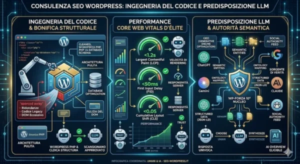 Infografica tecnica e iconica che mostra l'evoluzione ingegneristica di un sito WordPress per il dominio nei motori di ricerca neurali. La sezione sinistra illustra l'ingegneria del codice con la bonifica strutturale di database e DOM ridondanti. La sezione centrale mostra i risultati d'élite sui Core Web Vitals (LCP, FID, CLS). La sezione destra visualizza la predisposizione LLM (Large Language Models) con l'architettura semantica, il GEO (Generative Engine Optimization) e l'unificazione delle entità per le AI Overviews. Mostra come il sito WordPress diventi una Sorgente di Verità validata per i motori generativi e gli utenti in Italia.