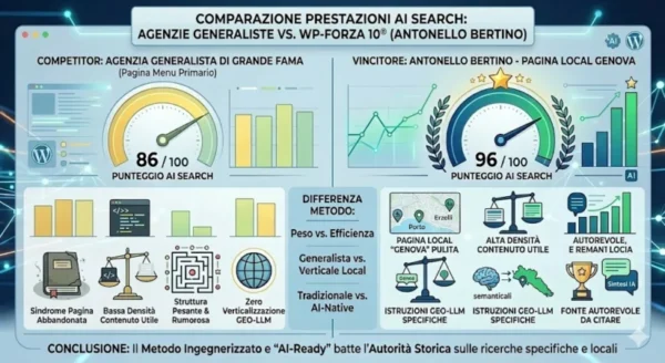 FAQ Agenzia SEO Sanremo: Prezzi, Strategie GEO e Pacchetti WordPress Infografica comparativa tra SEO tradizionale di agenzie generaliste e Metodo WP-Forza 10 di Antonello Bertino per il posizionamento AI-Ready a Sanremo. Include punteggi di ricerca AI e pacchetti consulenza.