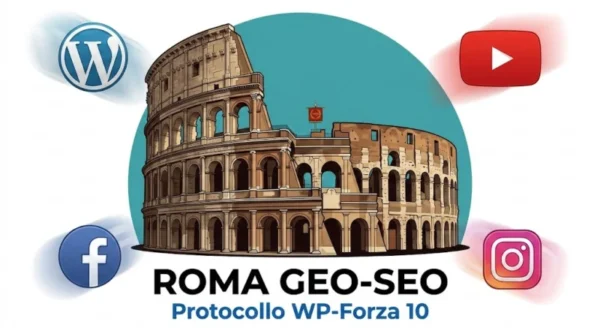 Illustrazione del Colosseo a Roma con icone social e WordPress che convergono verso il centro, rappresentando la strategia di Link Building e il posizionamento locale di Antonello Bertino.