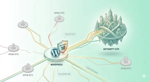 Illustrazione del ponte d'autorità tra sito WordPress e sito autorevole con evidenza dei rischi spam - Metodo WP-Forza 10.