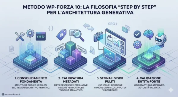 Diagramma del Metodo WP-Forza 10 che illustra i quattro passaggi step by step per l'ottimizzazione GEO: consolidamento struttura con tag H1, calibratura metadati, segnali visivi puliti con icone e validazione dell'entità per l'intelligenza artificiale.