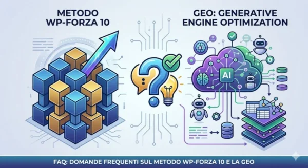Infografica tripartita: a sinistra una struttura a 10 blocchi blu e oro con freccia ascendente (Metodo WP-Forza 10); al centro un'icona FAQ con punto interrogativo, lampadina e spunta; a destra una rete cloud con robot e icone AI (GEO). In basso, striscia testuale 'FAQ: DOMANDE FREQUENTI SUL METODO WP-FORZA 10 E LA GEO'.