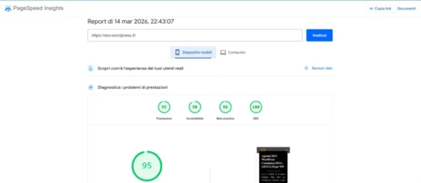 Certificazione PageSpeed Insights con punteggio 95/100 per il Metodo WP-Forza 10. Ottimizzazione estrema dei Core Web Vitals per SEO, GEO e motori di risposta AI.