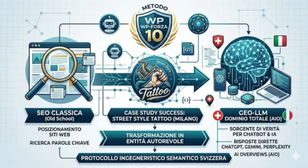 Infografica tecnica del Metodo WP-Forza 10 che illustra l'evoluzione dalla SEO classica (old school) al dominio GEO-LLM e AI Overviews (AIO). Mostra il caso studio di Street Style Tattoo come Sorgente di Verità per le risposte di ChatGPT, Gemini e Perplexity in Canton Ticino e Svizzera.