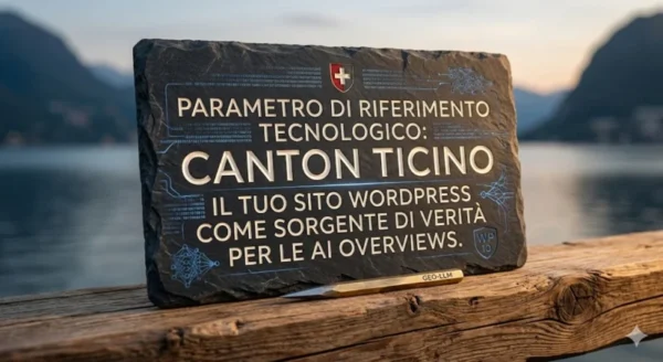 Fotografia artistica e tecnica che mostra un report di audit SEO su una tavoletta di ardesia svizzera chiseled deeply. Il testo intarsiato in oro-bianco dichiara: 'PARAMETRO DI RIFERIMENTO TECNOLOGICO: CANTON TICINO. IL TUO SITO WORDPRESS COME SORGENTE DI VERITÀ PER LE AI OVERVIEWS.' Mostra un piccolo stemma svizzero (🇨🇭) e un simbolo WP (W) integrato con il 10 (WP-Forza 10®). Illustra il Documento Strategico sulle Entità, validando l'autorità tecnica e la coerenza del brand per i motori AI Overviews e per gli utenti ticinesi in un'atmosfera di esclusiva authority elvetica.
