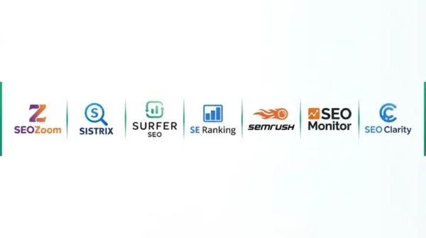 Infografica della suite di strumenti SEO professionali utilizzati da Antonello Bertino: SEOZoom, Sistrix, Surfer SEO, SE Ranking, SEMrush, SEO Monitor e SEO Clarity.