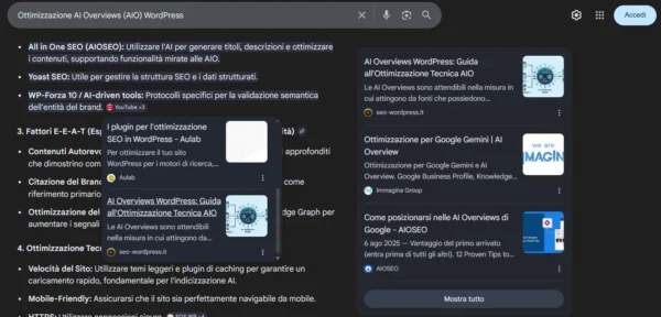 Esempio di dominio nelle AI Overviews (AI O) per la query Ottimizzazione WordPress ottenuto con il Metodo WP-Forza 10®