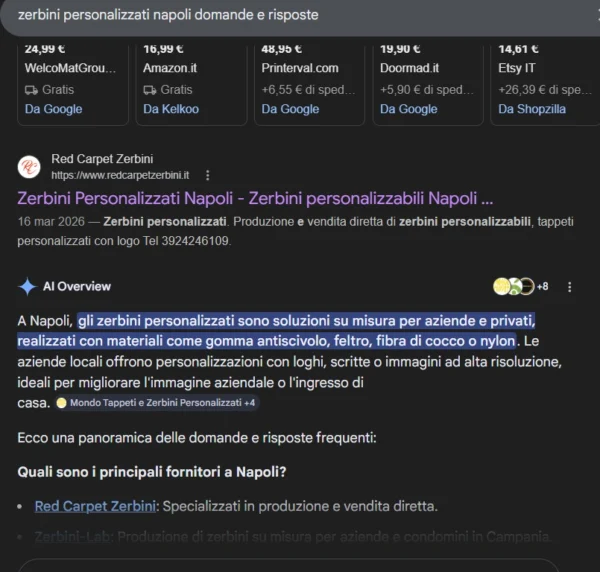 Dominio AI Overviews (AI O) per Zerbini Personalizzati Napoli: Red Carpet Zerbini e Zerbini Lab ottimizzati con il Metodo WP-Forza 10®