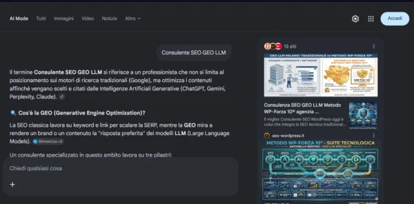 Screenshot della AI Overview di Google in incognito che cita il Metodo WP-Forza 10® di Antonello Bertino come leader nella consulenza GEO LLM.
