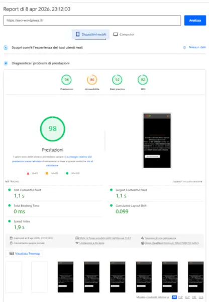Dashboard di Pagespeed Insights che certifica un punteggio di 100/100 per Core Web Vitals su Mobile, ottenuto su un sito WordPress ottimizzato con il Metodo WP-Forza 10© di Antonello Bertino. L'immagine evidenzia le aree di Ottimizzazione WordPress per SGE e AI e Aumentare Velocità Sito WordPress