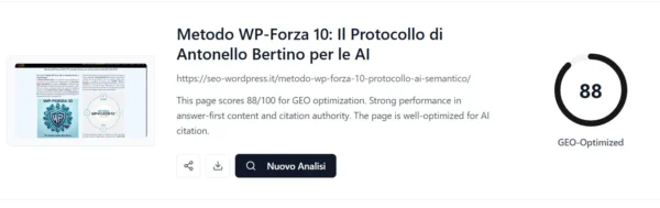 Screenshot del tool Geoptie che mostra un punteggio globale di 88 per la prontezza GEO LLM di un sito web ottimizzato con il Metodo WP-Forza 10® di Antonello Bertino a Milano.