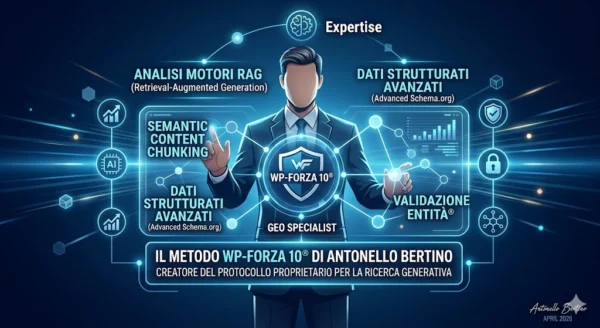 Icona stilizzata di un professionista SEO che mappa l'autorità semantica e il Metodo WP-Forza 10® per le AI Overviews, mostrando l'analisi dei motori RAG, la validazione dell'entità e la strategia GEO.