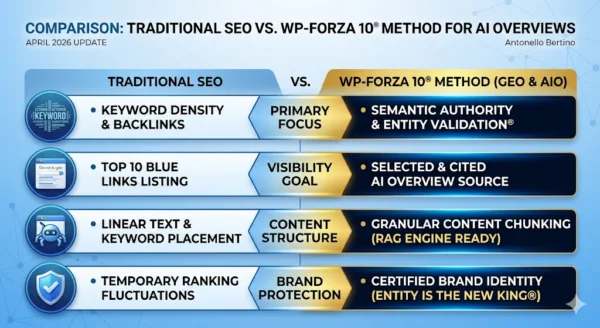 Tabella comparativa che mostra le differenze tra la SEO tradizionale basata sui link e l'ottimizzazione GEO con il Metodo WP-Forza 10® di Antonello Bertino per diventare fonte citata nelle AI Overviews di Google.