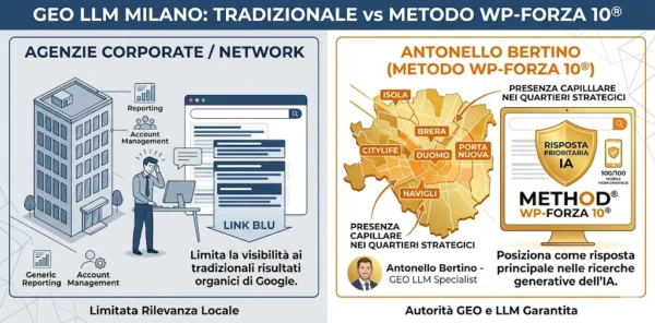 Infografica SEO vs GEO LLM Milano: il Metodo WP-Forza 10 di Antonello Bertino per il posizionamento nei quartieri milanesi e nelle risposte IA.