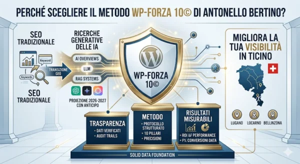 Infografica del Metodo WP-Forza 10 di Antonello Bertino: un flusso che mostra la transizione dalla SEO tradizionale alle ricerche generative delle IA (LLM, RAG, AI Overviews) con proiezione 2027. Include pilastri di trasparenza e risultati misurabili con focus territoriale sul Canton Ticino.