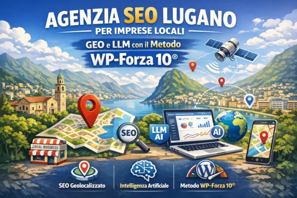 Infografica SEO Lugano per imprese locali con Metodo WP‑Forza 10®, GEO mirato e LLM AI.